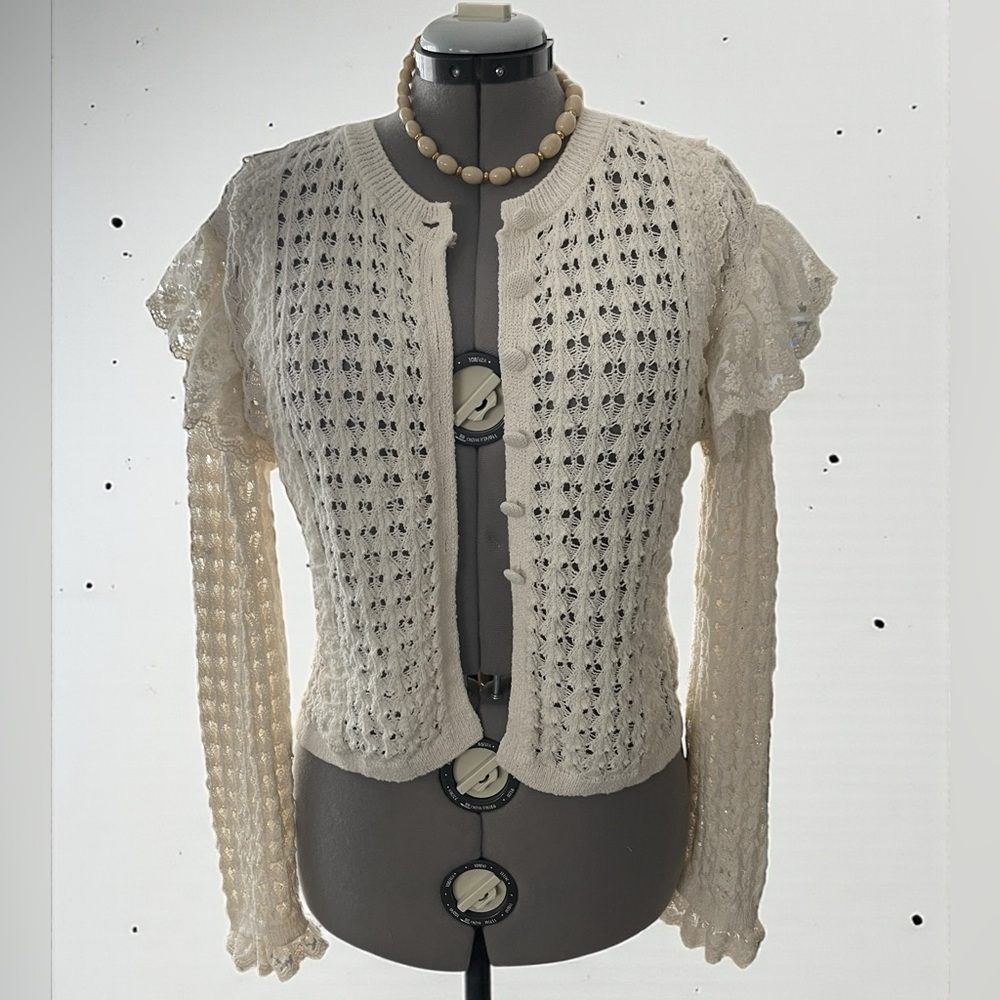 Zara Cream Ivory Lace Knit Cardigan Large Coquette Cottagecore Cropped Top - Picture 2 of 9